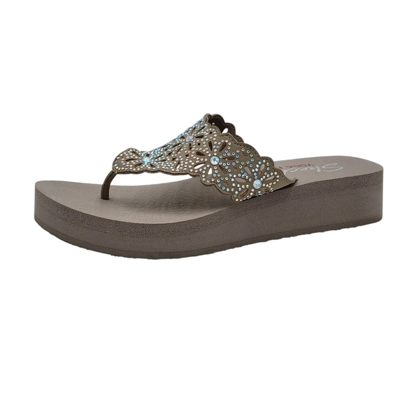 Skechers Vinyasa Pretty Thang Sandals Size 8 Taupe Iridescent Rhinestones Wedge - Picture 1 of 8